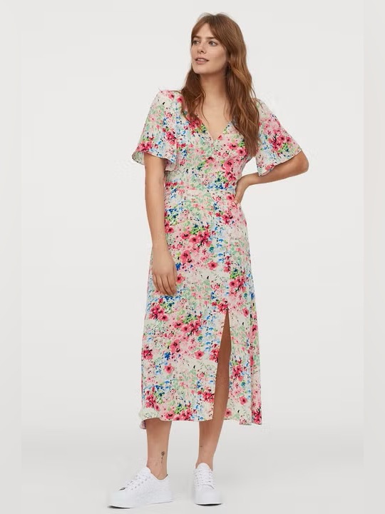 H&M Women’s Floral Midi Dress V-Neck Flutter Sleeve Slit Dress Size Small